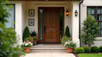 Fototapeta premium The entrance to the house with flower pots and picture frames on the wall welcoming home exterior garden decor inviting outdoor space concept as House entrance adorned with flower pots and picture fra