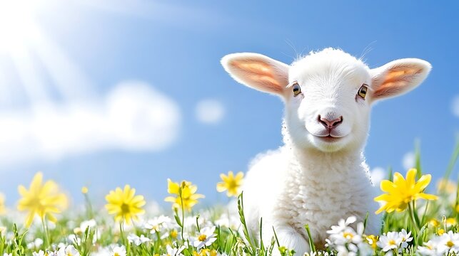 Adorable Lamb in Spring Meadow Fluffy White Sheepling in Sunny Flowers