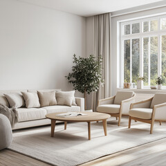 Beige living room in minimalist Scandinavian style.