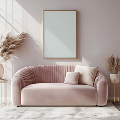 Frame mockup with stylish pink soft sofa