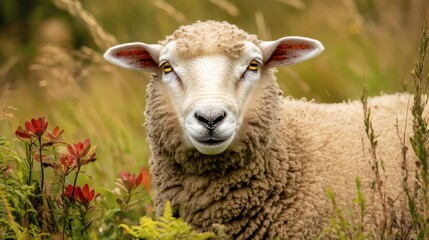 Obraz premium A Curious Sheep Posing Directly for the Camera Outdoors
