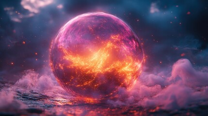 Discover the enchanting beauty of a magical purple-pink dream ball floating amidst shimmering golden smoke in a fantasy realm filled with wonder and mystery