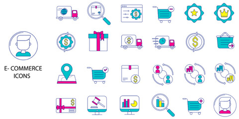 E-commerce simple concept 24 color icons set. Contains such shopping, e-commerce, gifts, supermarket, sale, E-business symbol. Vector illustration.