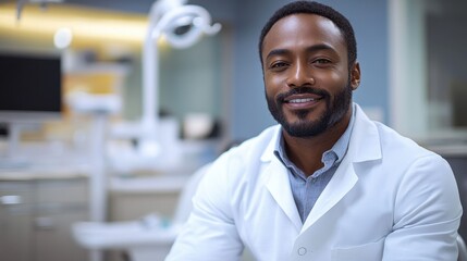 Fototapeta premium Patient smiles confidently in a modern dental office as they prepare for an important appointment, showcasing a blend of comfort and professionalism