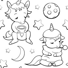 Seamless vector pattern with cute unicorns on white background. Perfect for textile, wallpaper or print design. Design for coloring book.