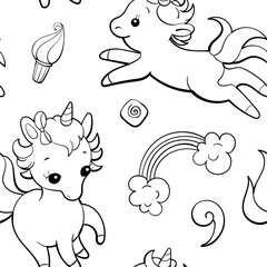 Seamless vector pattern with cute unicorns on white background. Perfect for textile, wallpaper or print design. Design for coloring book.