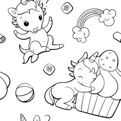 Seamless vector pattern with cute unicorns on white background. Perfect for textile, wallpaper or print design. Design for coloring book.