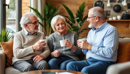 Elderly Couple Discussing Investment Options with Advisor Over Coffee in Cozy Cafe