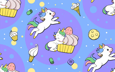 Seamless vector pattern with cute unicorns on vibrant background. Perfect for textile, wallpaper or print design.