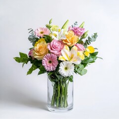 Obraz premium An exquisite arrangement of vibrant flowers including roses, lilies, and daisies, artfully styled in a sleek glass vase, spotlighted against a pure white backdrop.