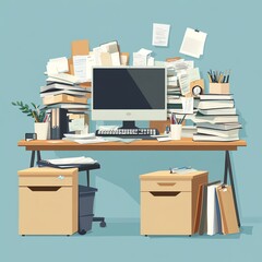 Fototapeta premium Clean office workers desk. Working process, computer, stacks of documents and stationery tidy and messy. Office workspace
