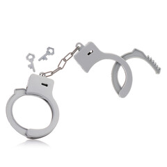 Plastic toy handcuffs on a white background.