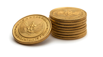 Gold coins stacked currency exchange finance indoor close-up wealth management