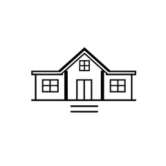 Minimalist Black and White Outline of a Suburban House with Gable Roof, Windows and Double Doors, isolated.