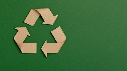 Photo of a recycling symbol made from brown paper on a green background, in a flat lay composition. Web banner with copy space on the right. 