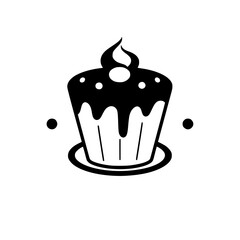Minimalist Black and White Cupcake Icon Design with Dripping Icing, Sprinkles, and a Decorative Flame Element, on a Saucer, perfect for a Bakery Logo.