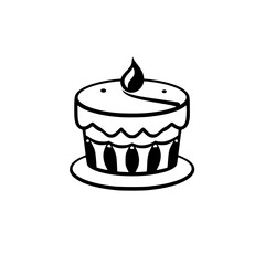 Simplified Black and White Cake Illustration: Two-Tiered Dessert with Single Candle, Slice Removed, on a Plate, Isolated.