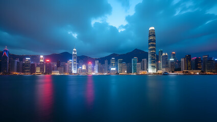 Naklejka premium Vibrant Hong Kong Cityscape: Time Lapse of Victoria Harbour's Urban Skyline in Cute Vector Style