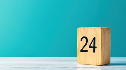 A wooden calendar block displaying 24 April, placed on a white wooden table, against a serene sky-blue background