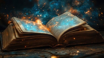 Floating leather-bound book reveals celestial wisdom among stars, illuminating Earth from a cosmic perspective