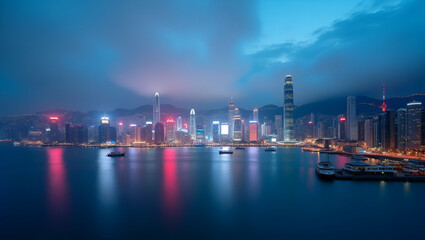 Naklejka premium Vibrant Hong Kong Cityscape: Time Lapse of Victoria Harbour's Urban Skyline and Harbor Activity in a Cute Flat Vector Illustration