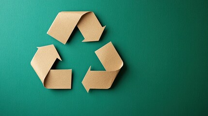 Close-up photo of a brown paper recycling symbol on a green background, minimalistic stock photography, high resolution.