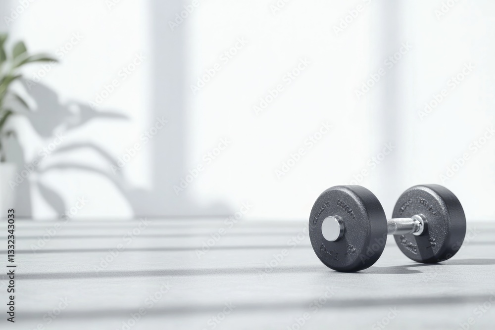 Aufkleber minimalist image of solitary dumbbell resting on smooth uncluttered gym floor with ample natural lig