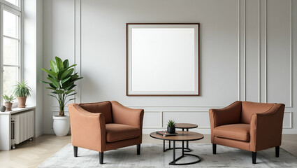 Flat Picture frame with upholstered furniture in the working room emphasizing professional workspace and office decor concept as Picture frame displayed with upholstered furniture in working room emph