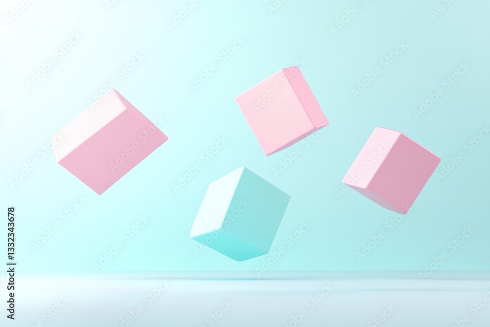 Poster serene display of vibrant abstract shapes floating harmoniously in soft monochrome background creati