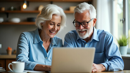 Fototapeta premium Elderly Couple Using Laptop to Share Ideas: Promoting Digital Literacy and Connection in Stock Photo