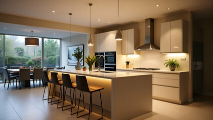 Elegant Flat Kitchen Design: Recessed Lighting, Stylish Cabinets & Cozy LED Under-Cabinet Lighting for a Modern Atmosphere - A Smart Business Concept in Vector Illustration