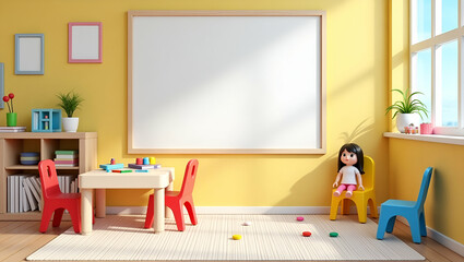 Colorful Children's Playroom Decorated with Dolls and Picture Frames: A Creative and Imaginative Space for Play in a Simple Flat Cute Vector Illustration