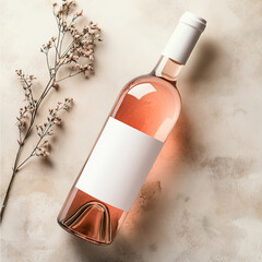 Rose wine bottle mockup with a blank label on a neutral beige backdrop.