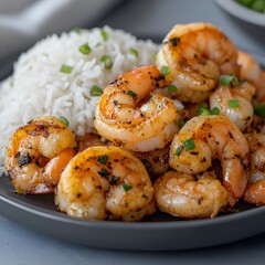 Fototapeta premium Grilled shrimp rice plate, kitchen setting, food photography, recipe website