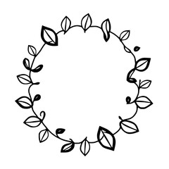 A delicate hand-drawn circular wreath of interconnected leafy vines, showcasing a natural organic design, with a minimalistic black and white aesthetic, perfect for elegant framing.