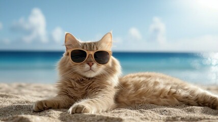 Happy summer vacation and chill holiday. Cat wearing sunglasses lounging on the beach with ocean backdrop.