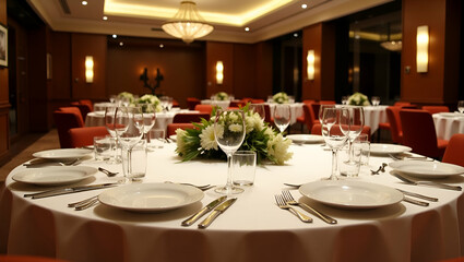 Flat Dinner table in the banquet room of a luxury hotel concept as A sumptuous dining hall showcases fine tableware tall centerpieces and refined plating inspiring upscale event hosting brand impressi