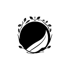 Minimalist Black and White Circular Logo with a Central Leaf and a Decorative Branch Wreath, Perfect for Nature-Based Brands.