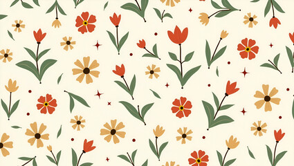 Mid Century Modern Seamless Tile Pattern: Retro Roses & Daisies in Muted Pastels for Vintage Rooms