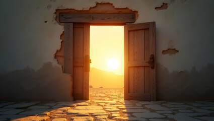 A rustic door opening to a new dawn representing the hopeful pursuit of opportunities amidst economic challenges in symbolic illustration concept as Illustration of a rustic door opening to a new dawn