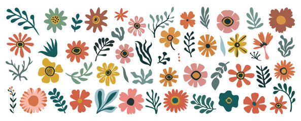 Obraz premium Set of hand drawn floral design elements, abstract shapes, leaves, corals. Contemporary modern vector botanical art illustrations in trendy Peach Fuzz color palette isolated