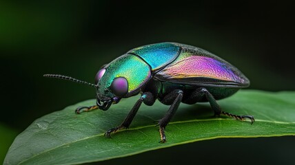 Naklejka premium Vibrant beetle close-up tropical rainforest nature photography macro environment eye-level view insect diversity