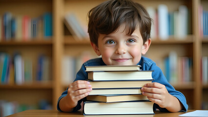 A Boy Embracing a Stack of Books: A Cute Vector Illustration Symbolizing Education, Knowledge, and a Passion for Learning in a Youthful Academic Setting