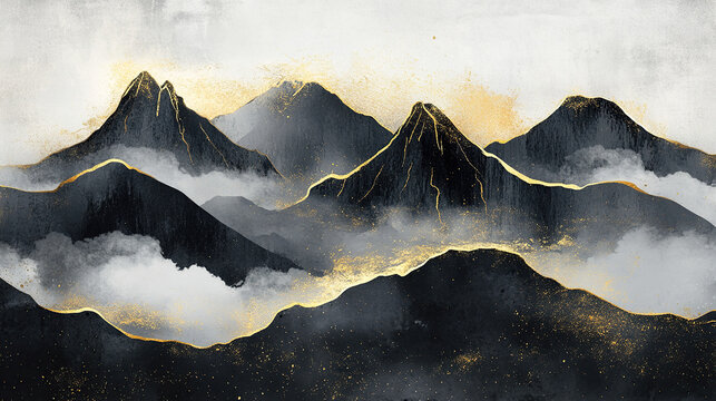 Chinese ink mountains and gold foil embellishment, abstract cloud breathing effect, luxurious traditional aesthetics, cultural series