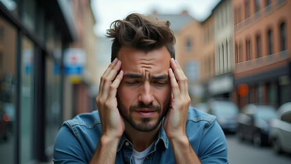 Handsome Hipster Man with Headache: A Flat Vector Illustration of Modern Lifestyle Stress in Urban Setting