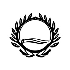 Monochrome Crest: a circular laurel wreath encompassing a curved emblem of flowing lines, set against a clean white background.