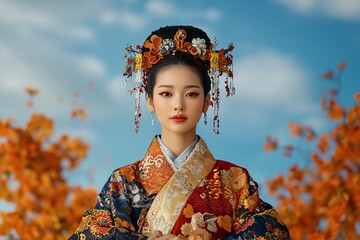 Fototapeta premium Celebratory Festival Costumes Blending High-Tech Design with Cultural Tradition in an Outdoor Setting