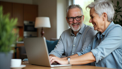 Happy Mature Couple Using Laptop Together at Home: A Candid Vertical Shot of a Smiling Senior Man Working on Computer with His Wife in a Cozy Living Room - Cute Vector Illustration