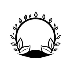 Black and White Circular Wreath with Leaves, Elegant Floral Frame, Minimalist Design, Isolated on White Background, Clean Lines.