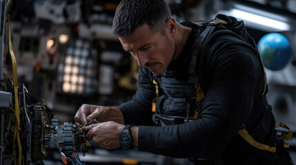 Engineer working inside space station, focused equipment repair, showcasing determination and precision high tech environment